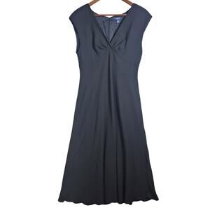 Chaps Baja A-Line Midi Dress 12 Black Classic Minimalist V Neck Cap Sleeve NEW